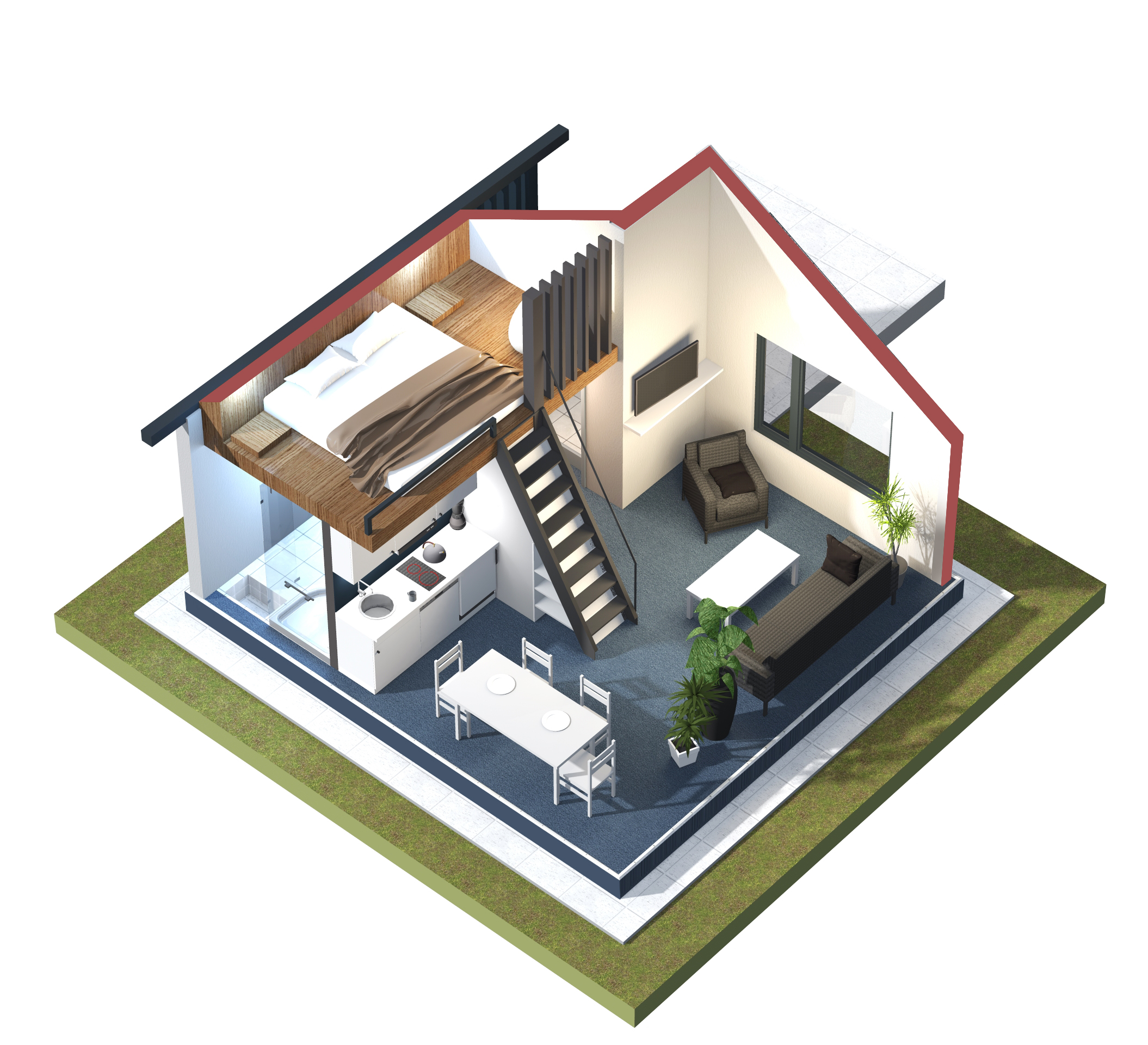 Perspektivische Darstellung der Innenräume eines Wohnhauses zur expliziten Veranschaulichung der Größenverhältnisse